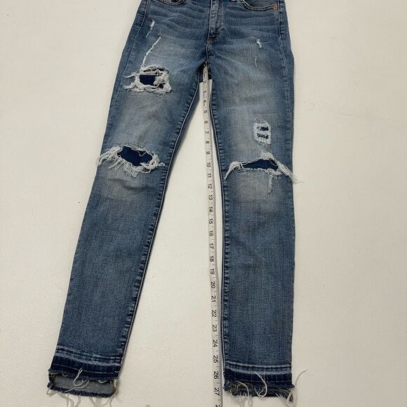 GAP high waisted rise true skinny raw hem distressed patch denim blue jeans 26 - Picture 4 of 11